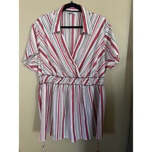 Motherhood Maternity Short Sleeve Collared Blouse 3X Striped Ties White Pink
